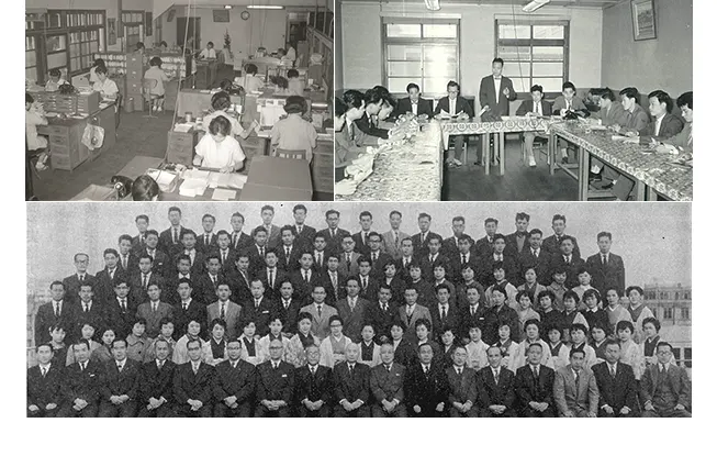 Office scene around the 60th anniversary of the company's founding, sales meeting scene, and group commemorative photo