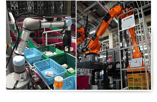 Photo of AI piece picking robot and case loading robot installed at RDC Saitama