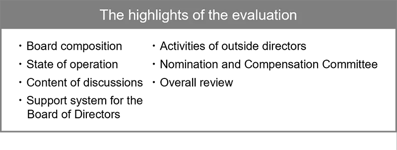 Main Questionnaire Evaluation Items for Board Effectiveness Assessment